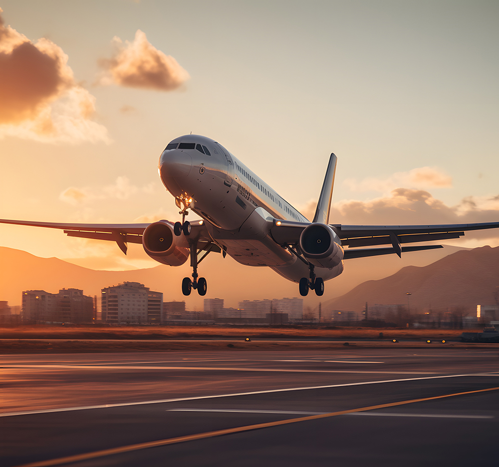 A plane taking off from an airport aerospace supply chain solutions